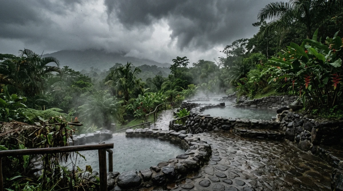 Rain shower approaching an open-air hot spring terrace with wet stone in La Fortuna, Costa Rica