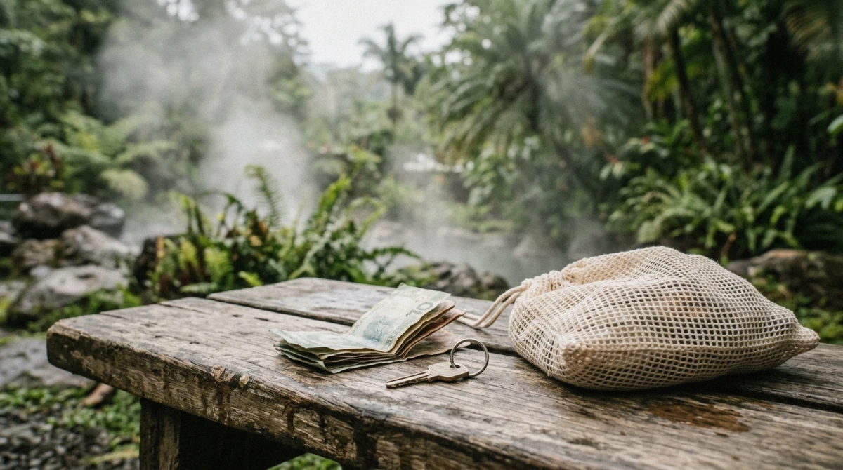 Folded banknotes and a locker key on a wooden bench next to a mesh bag at a La Fortuna hot springs