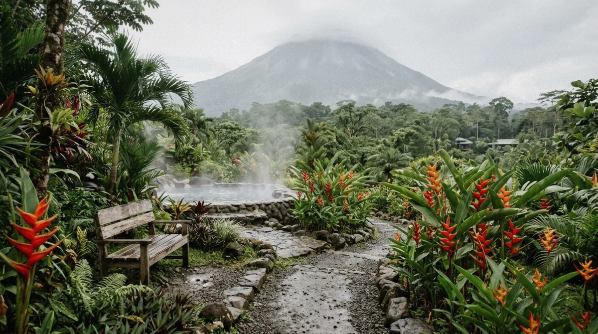Quiet resort garden path with flowers and a bench facing a steaming pool near La Fortuna, Costa Rica