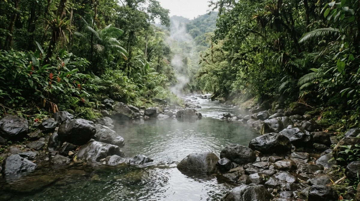 Natural river pool ringed by smooth dark rocks with steam drifting upstream near La Fortuna, Costa Rica
