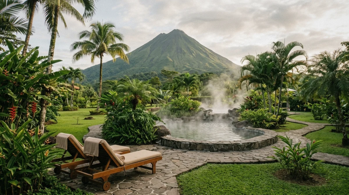 Tropical resort garden with a steaming thermal pool and the volcano behind near the arenal manoa hot springs area in La Fortuna, Costa Rica