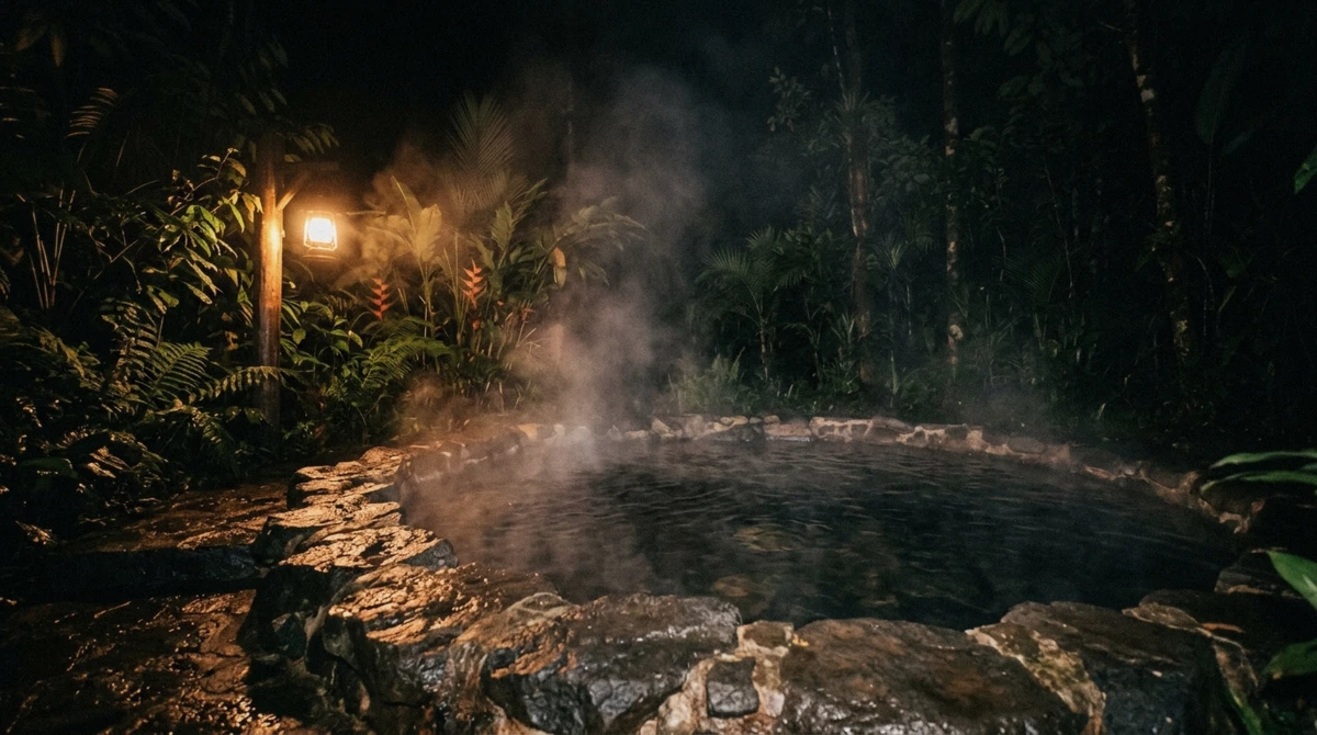 Thermal pool steaming after dark under one warm lamp at the Pura Vida hot springs in La Fortuna