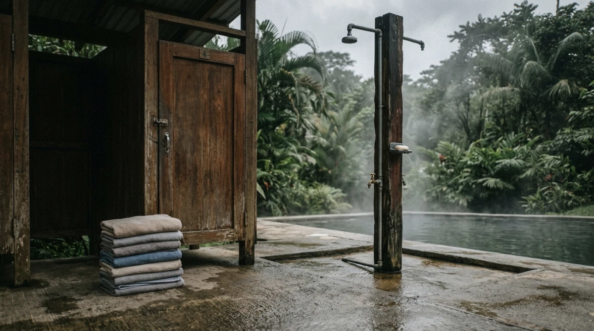 Pool deck with folded towels and lockers included with the Pura Vida hot springs pass in La Fortuna
