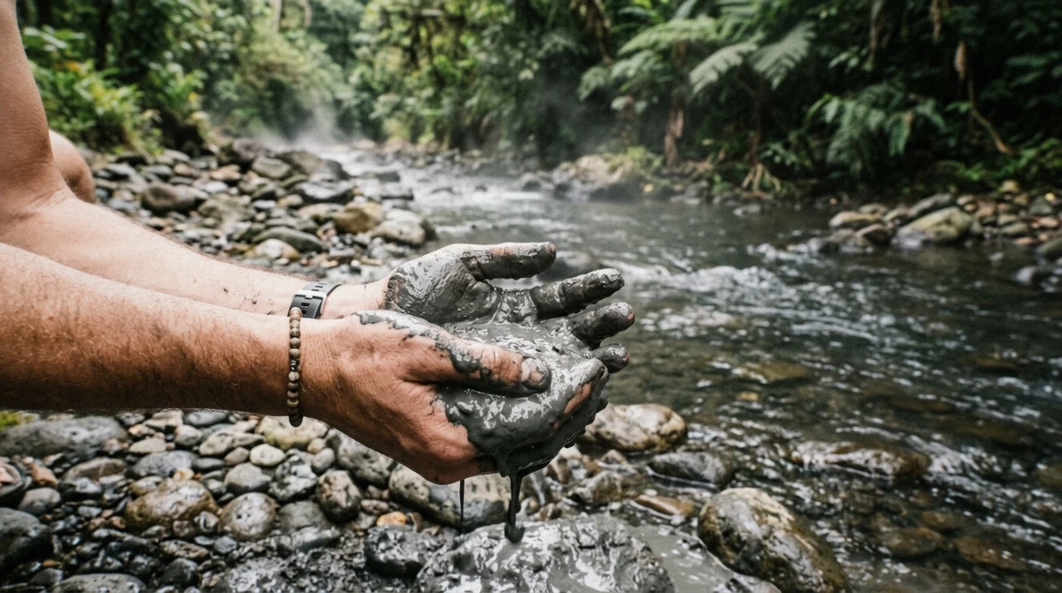 Hands cupping volcanic mud at the edge of a warm river on the arenal volcano hike and hot springs tour