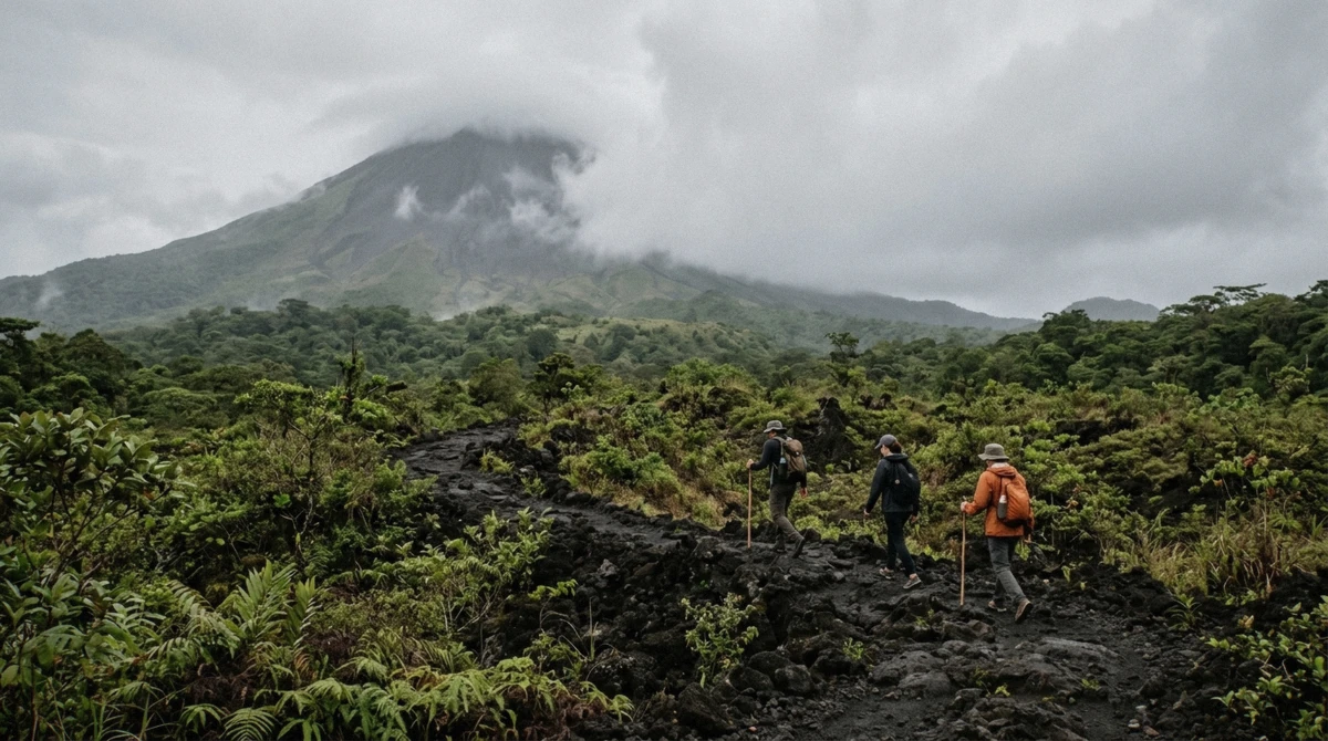 Hikers crossing a lava-rock trail at the base of Arenal volcano on the volcano hike and thermal river tour