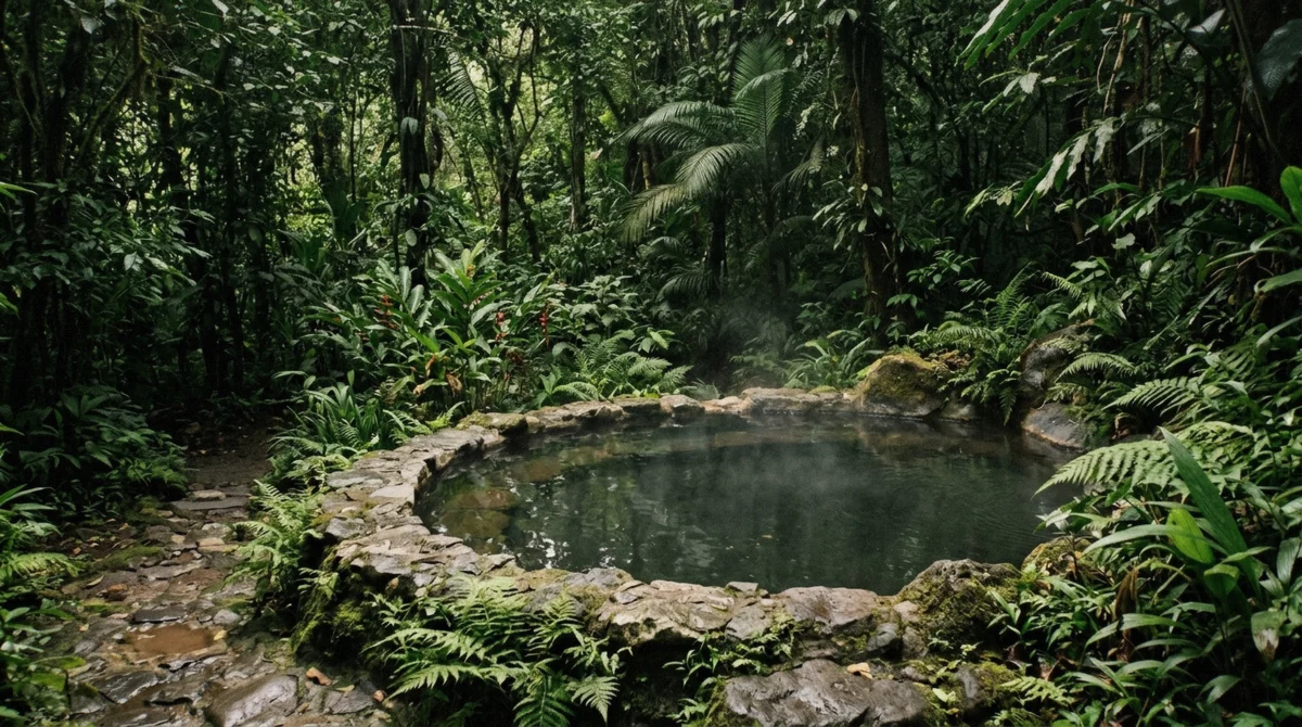 Shaded thermal pools with steam under rainforest canopy at the Ecotermales hot springs day pass in La Fortuna