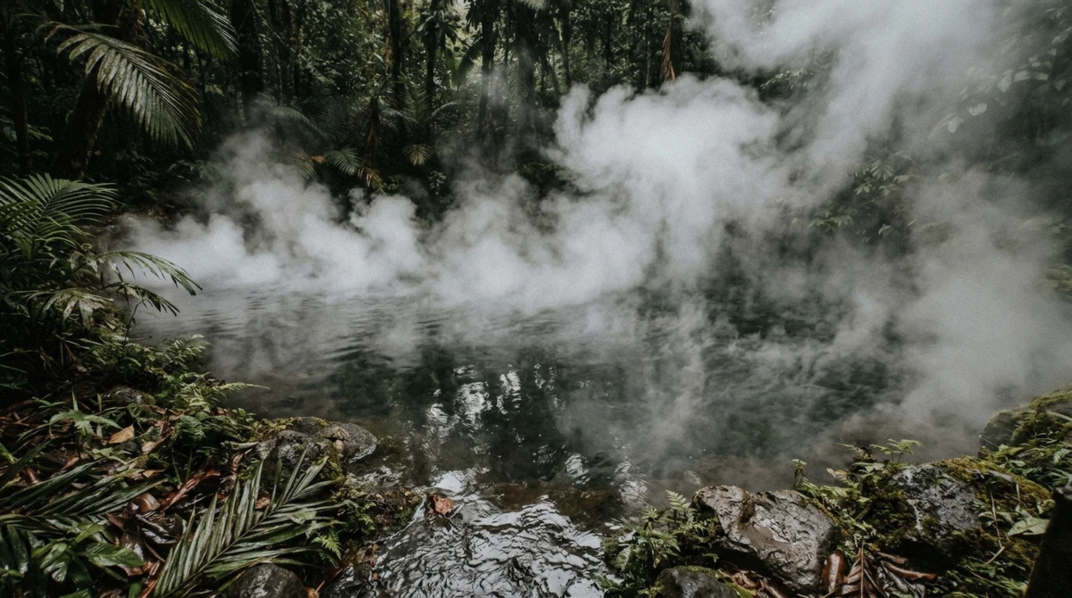 Thick steam rolling off dark thermal water with jungle reflections near La Fortuna, Costa Rica