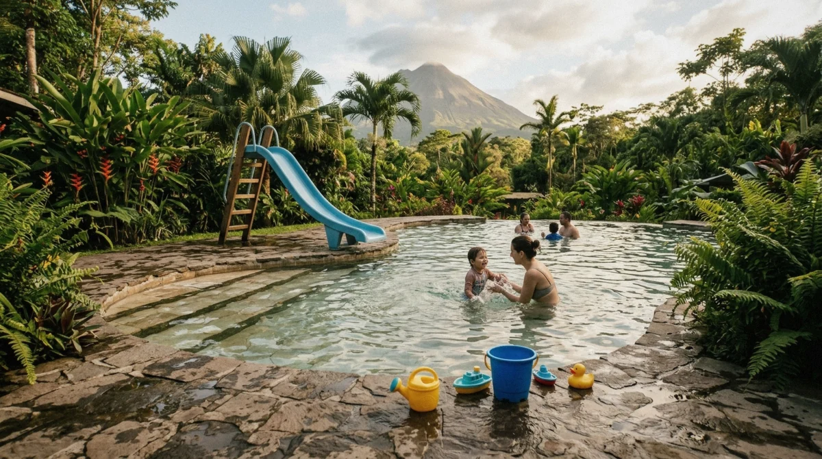 Shallow family pool with wide steps and a small slide at a La Fortuna hot springs resort in Costa Rica