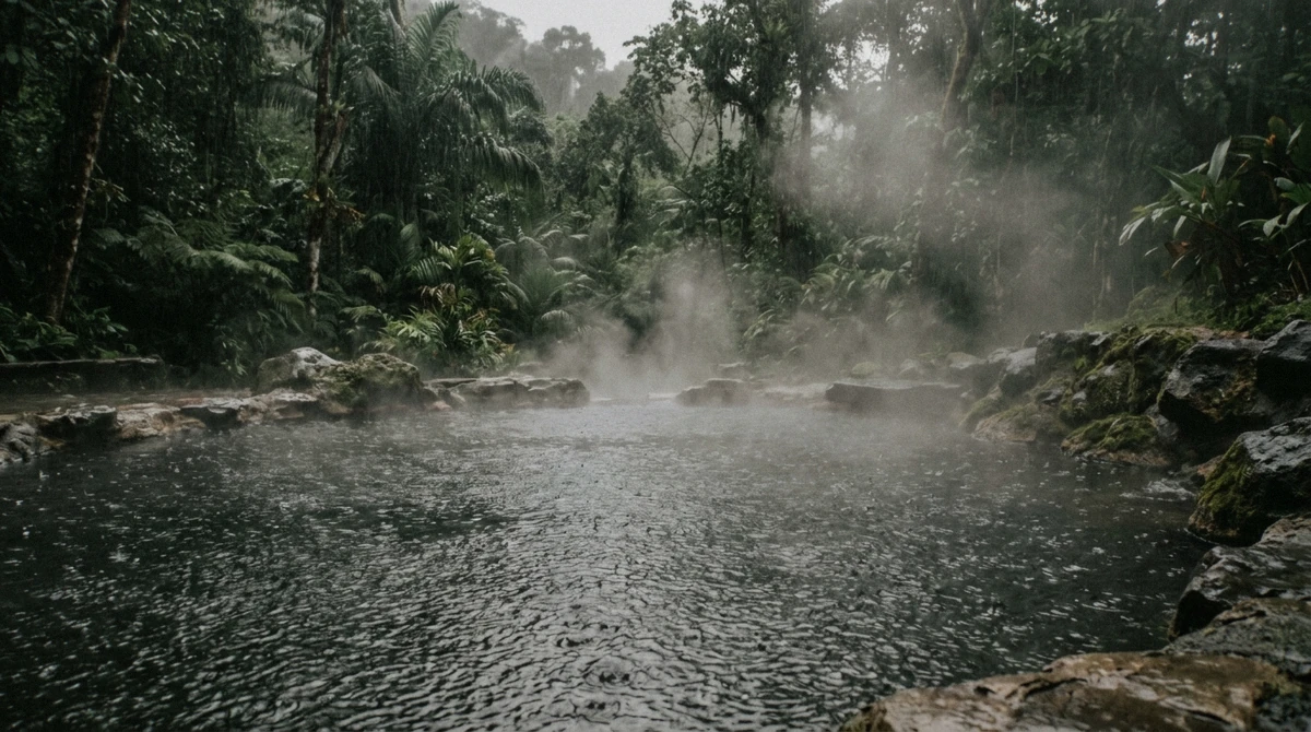 Rain dimpling the surface of a hot spring pool while thick steam rises in La Fortuna, Costa Rica